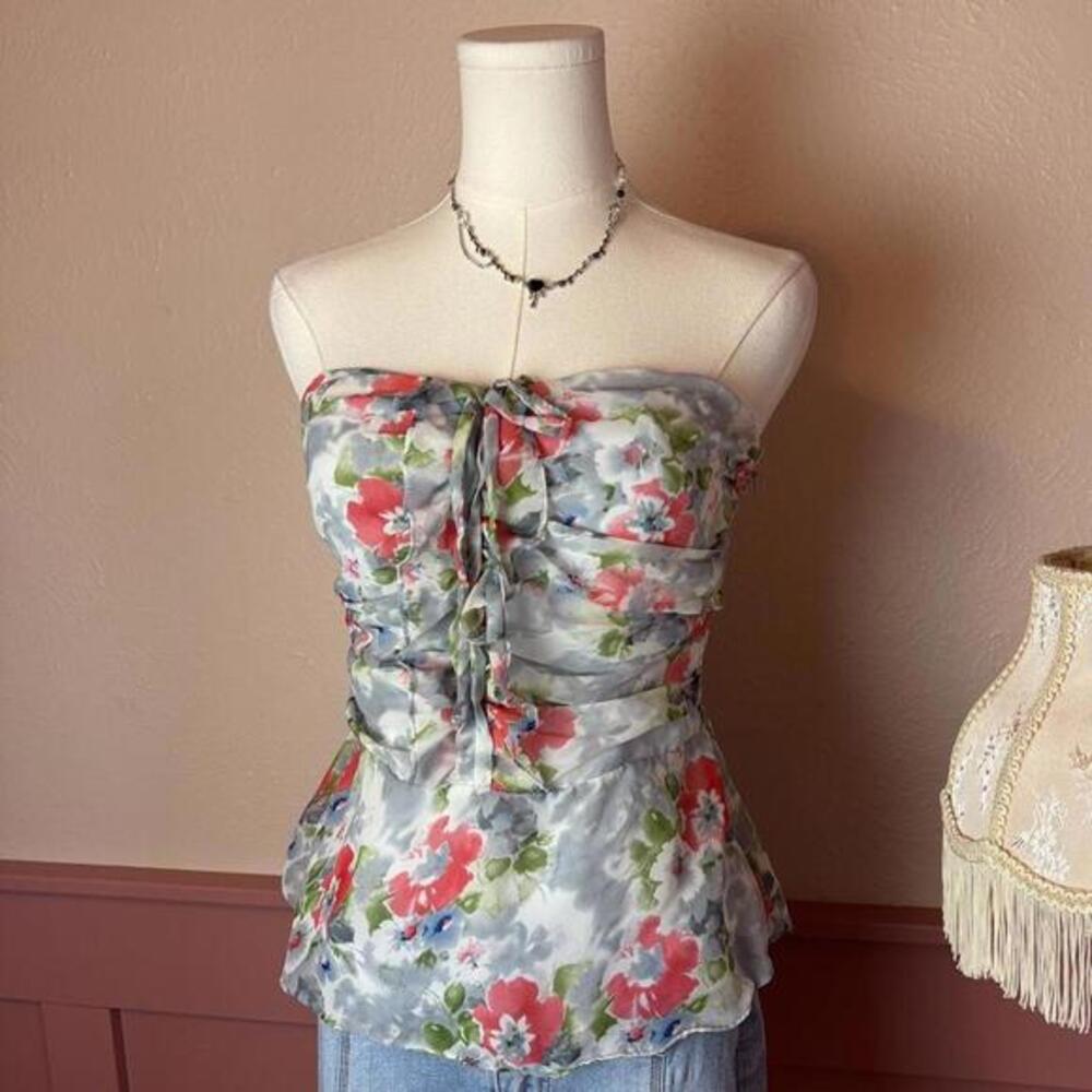fairy garden cottage ruffle floral strapless top remy sz large blue green whimsy